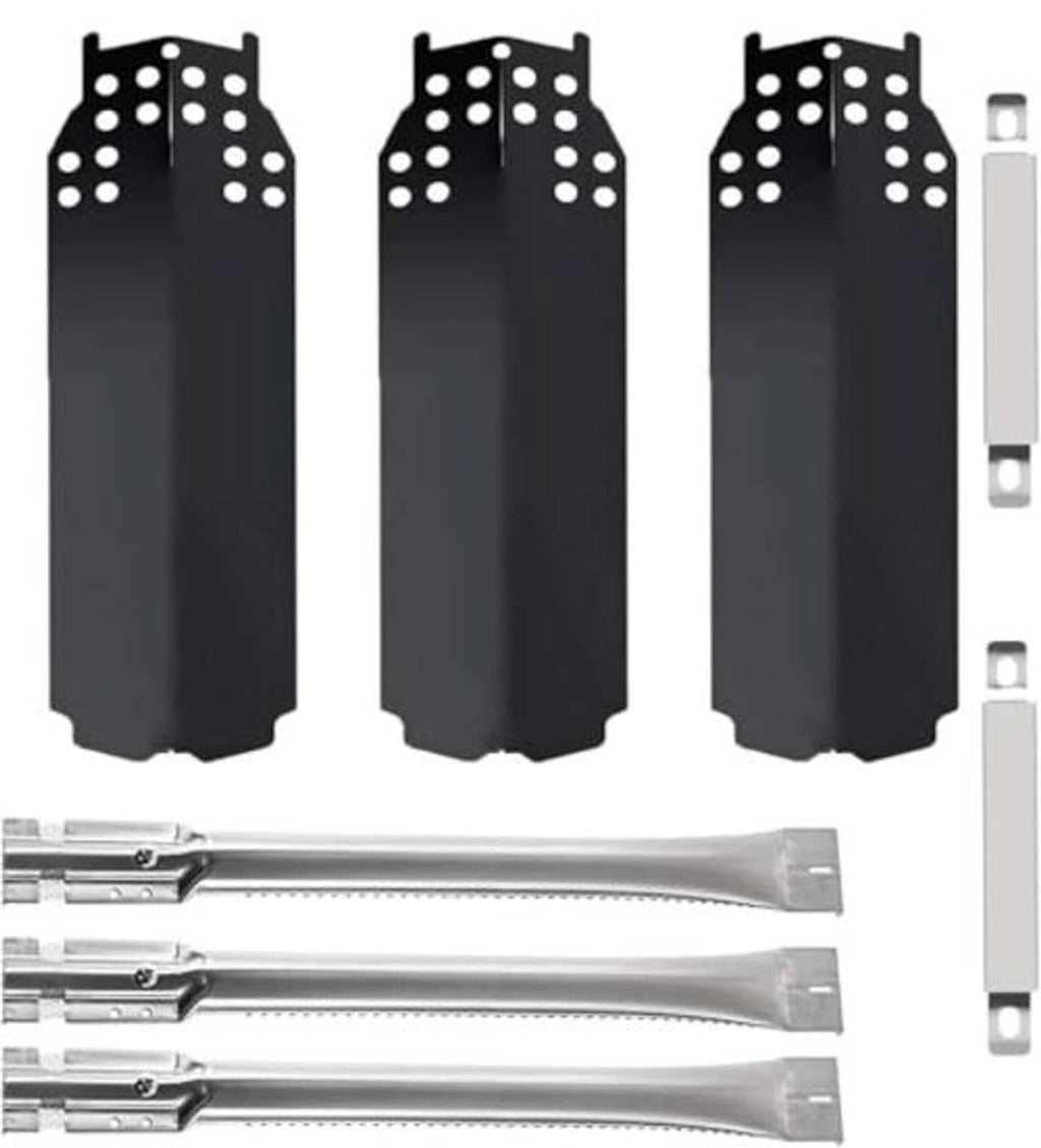 Black perforated burner covers set with stainless crossover tubes and mounting hardware