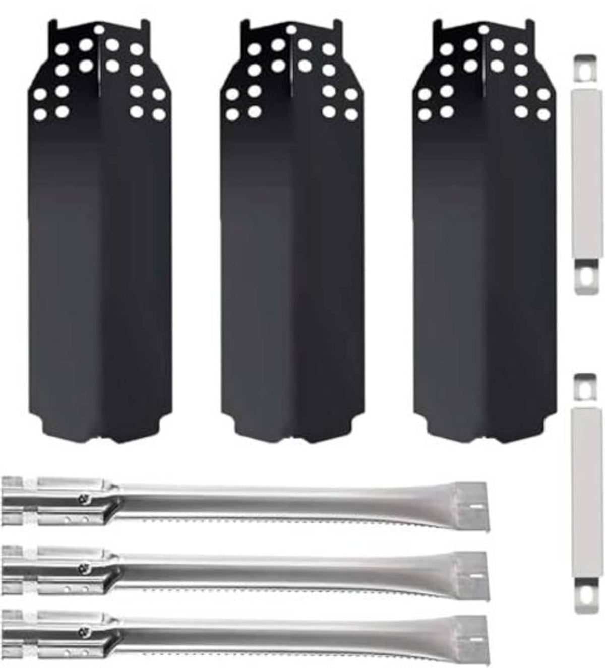 Black perforated burner covers set with stainless crossover tubes and mounting hardware