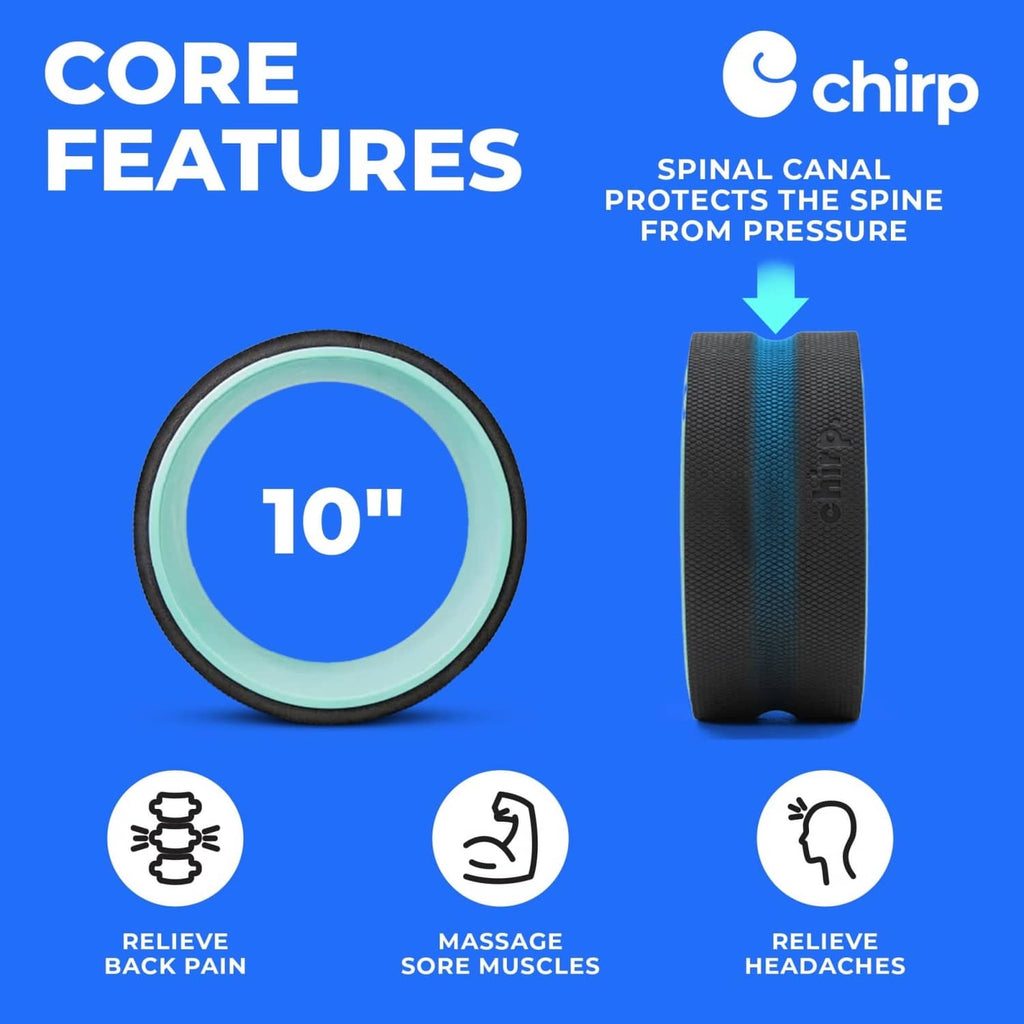10-inch mint and black foam roller back stretcher, shown front and side view