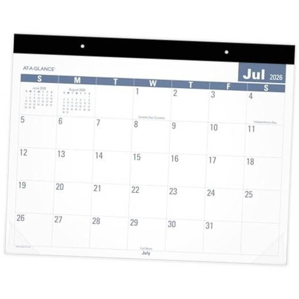 Desk monthly calendar planning pad with July 2026 grid and blue weekly header