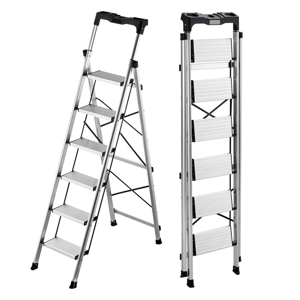 6-step aluminum folding ladder with anti-slip steps and handgrip, silver
