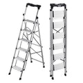 6-step aluminum folding ladder with anti-slip steps and handgrip, silver