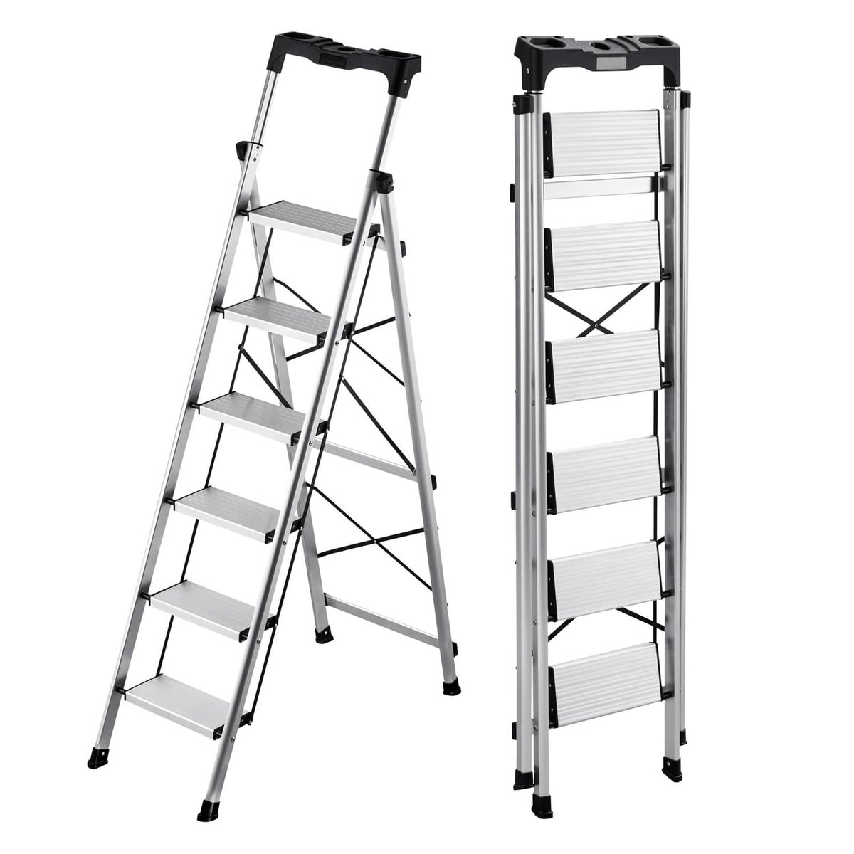 6-step aluminum folding ladder with anti-slip steps and handgrip, silver