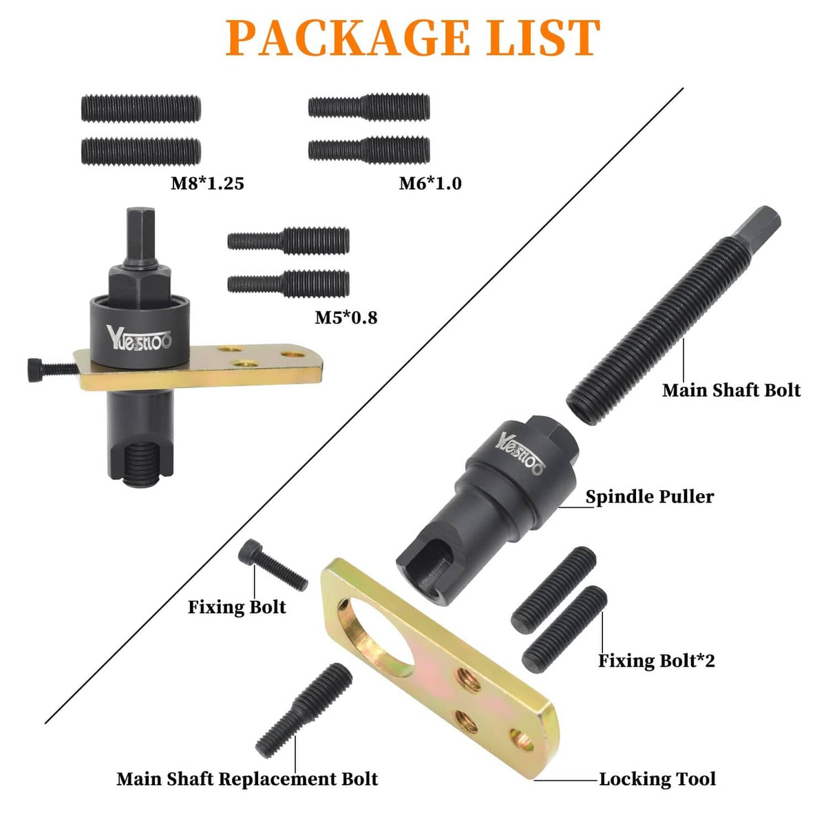 Chain guide rail pin puller kit with spindle puller and replacement fixing bolts