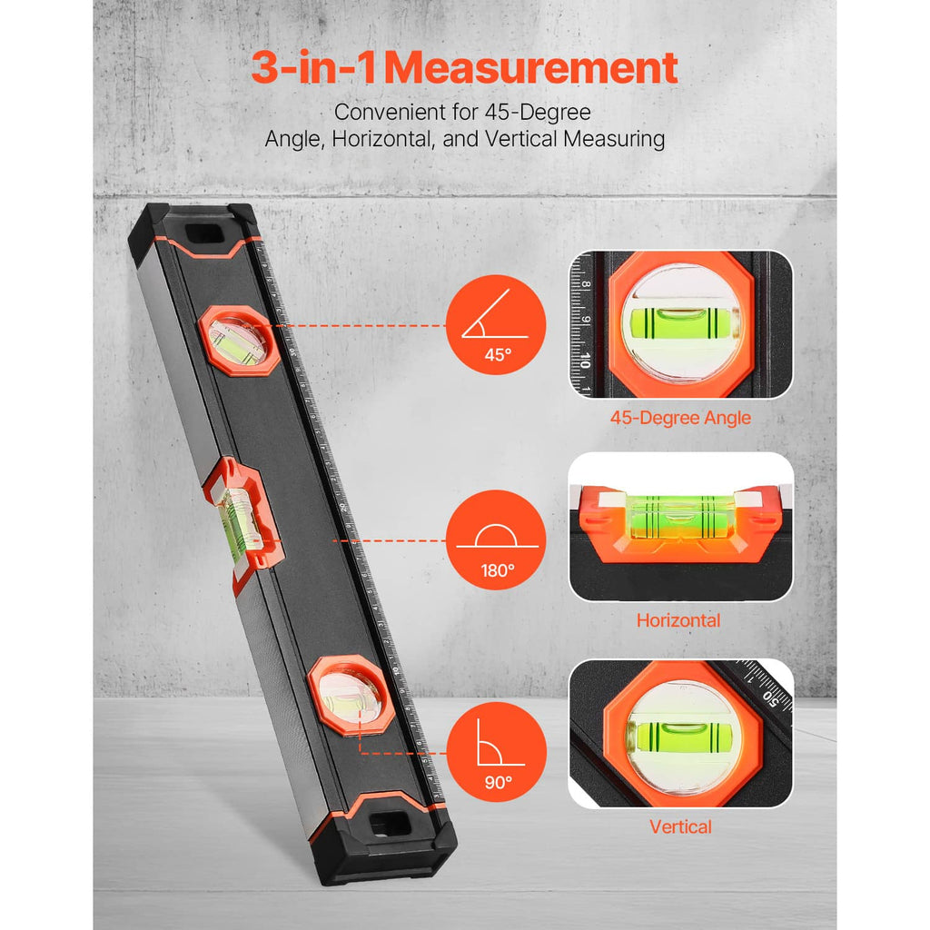Magnetic torpedo level showing multiple bubble vial orientations in orange-black housing