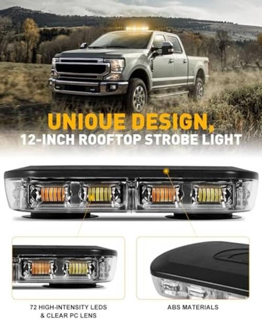 Rooftop strobe light bar with clear lens array, amber and white LEDs, black top housing