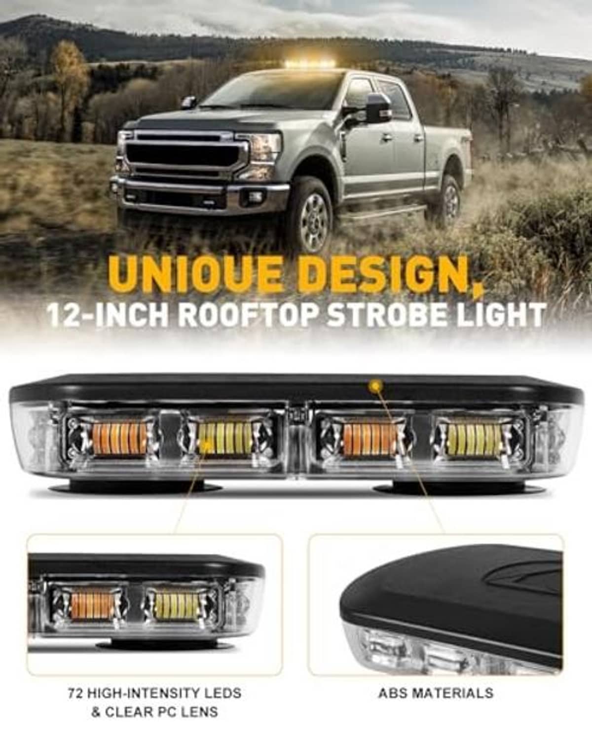Rooftop strobe light bar with clear lens array, amber and white LEDs, black top housing