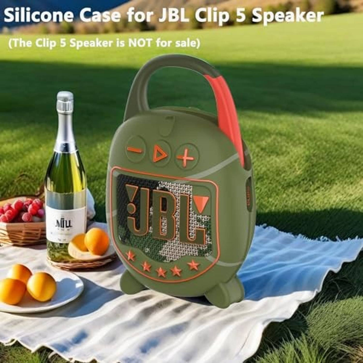 Olive silicone speaker case with red handle and clear window with JBL-style graphics