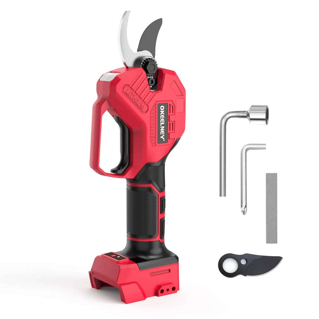Cordless electric pruning shears with red housing, black grip, and open cutting blades