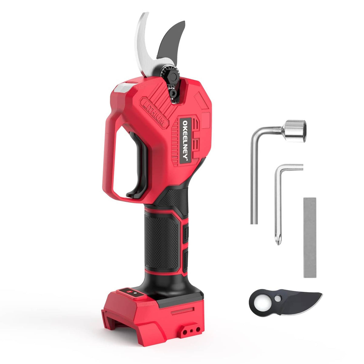 Cordless electric pruning shears with red housing, black grip, and open cutting blades