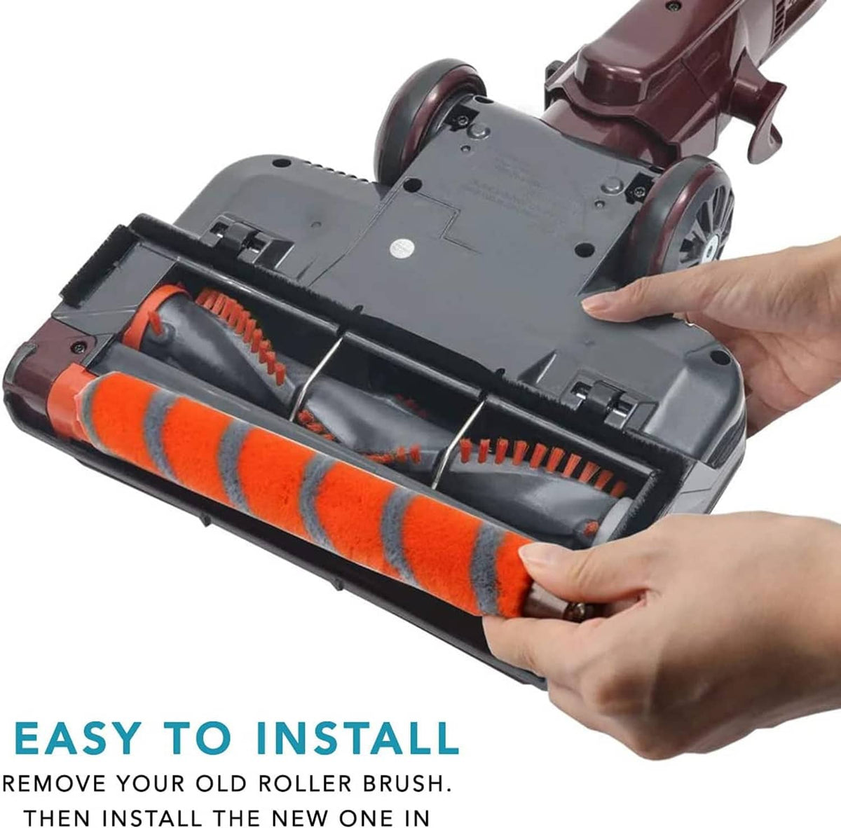 Orange and gray striped roller brush installed in vacuum floor tool