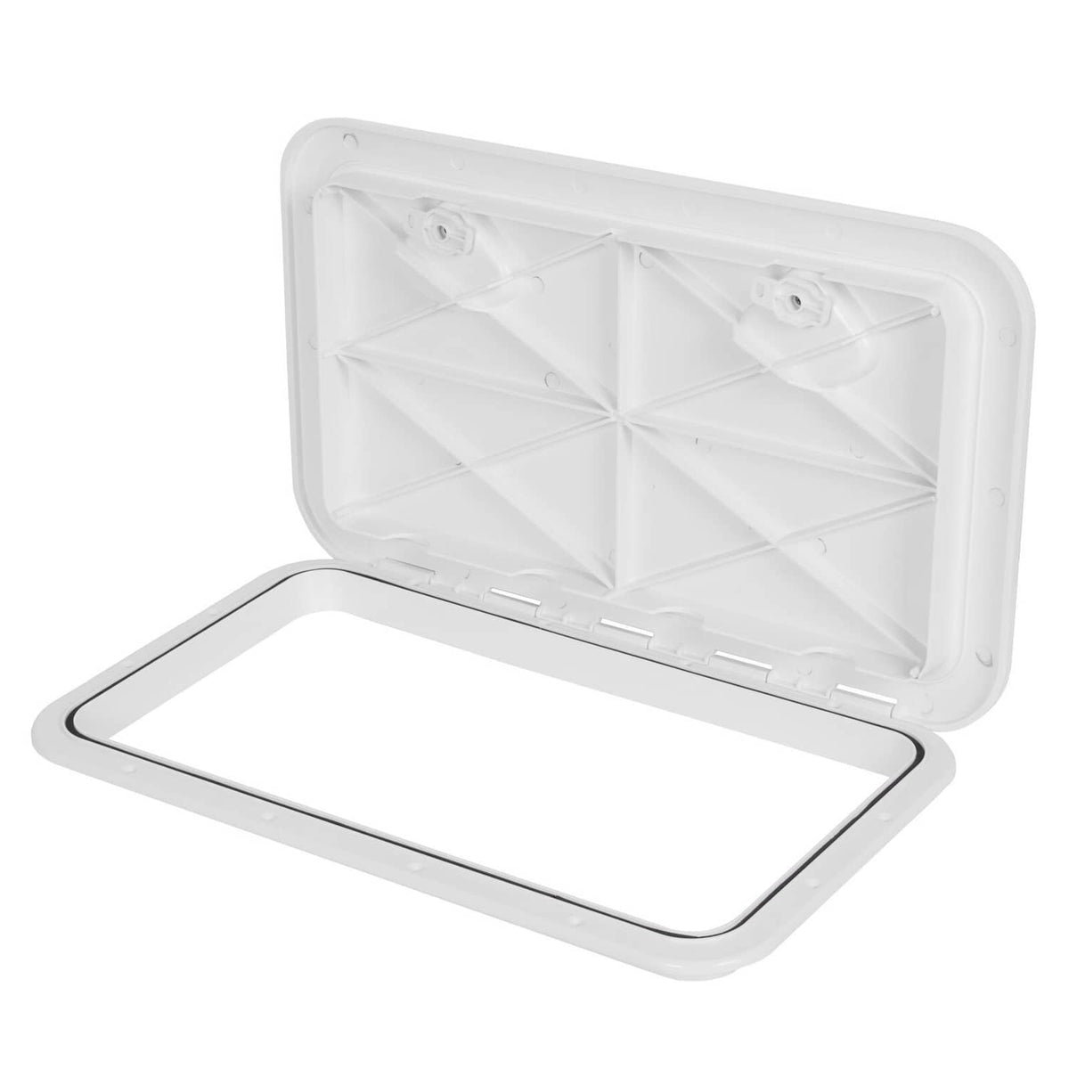 White rectangular marine boat deck hatch with hinged lid, open view showing inner panel
