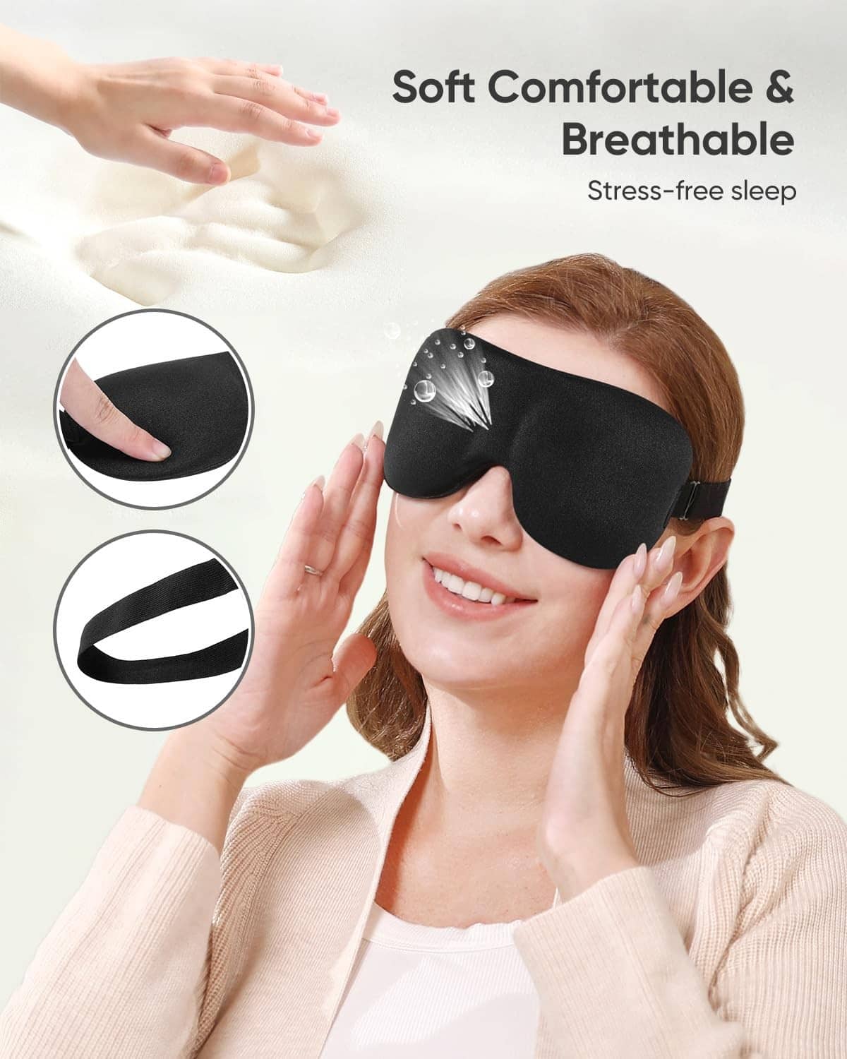 Black breathable sleep mask with wide elastic strap and smooth padding