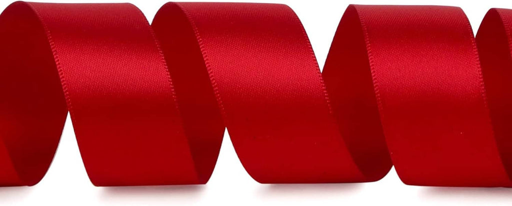 Red double-faced satin ribbon with smooth sheen, ruffled loops laid flat
