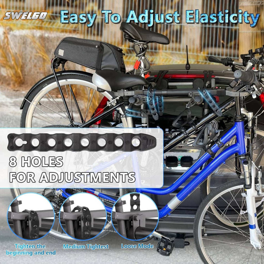 Black wheel stabilizer strap with 8 adjustment holes, mounted on bicycle rack