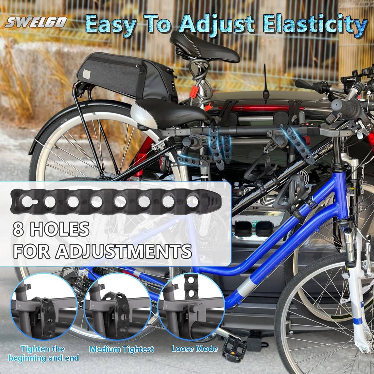 Black wheel stabilizer strap with 8 adjustment holes, mounted on bicycle rack