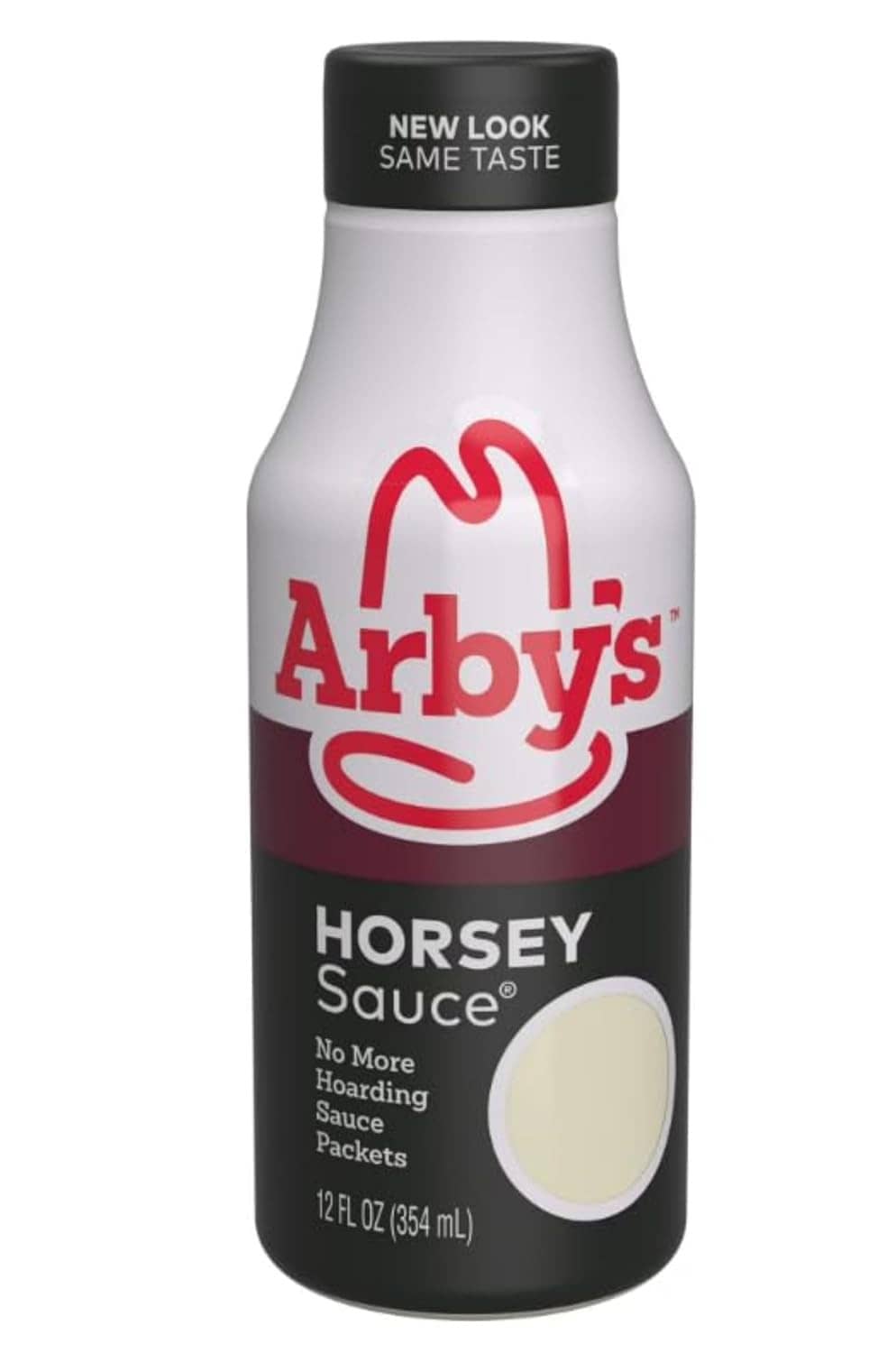 Arby's Horsey Sauce bottle with 'NEW LOOK SAME TASTE' cap