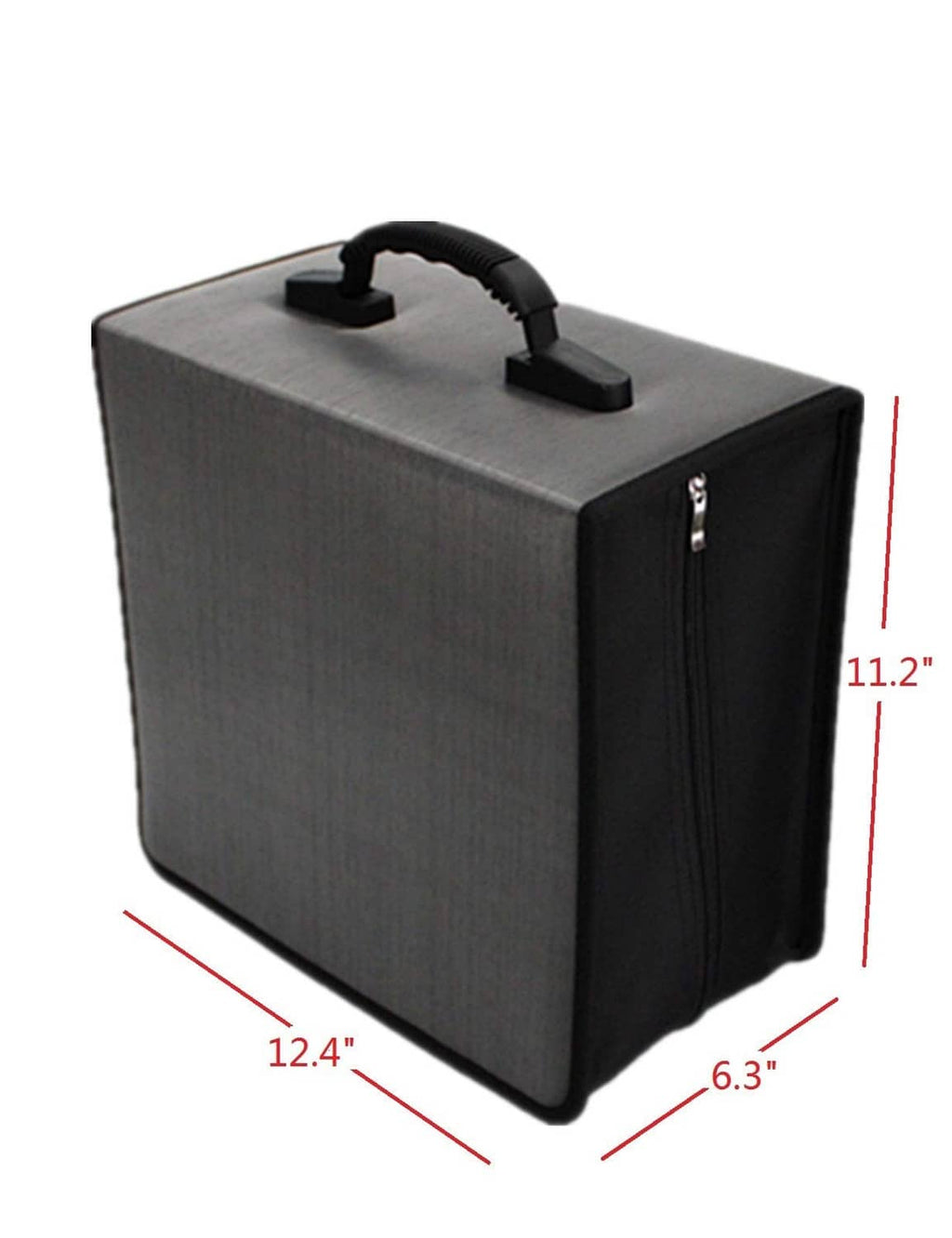 Gray CD/DVD organizer wallet, with black handle; dimensions shown on image