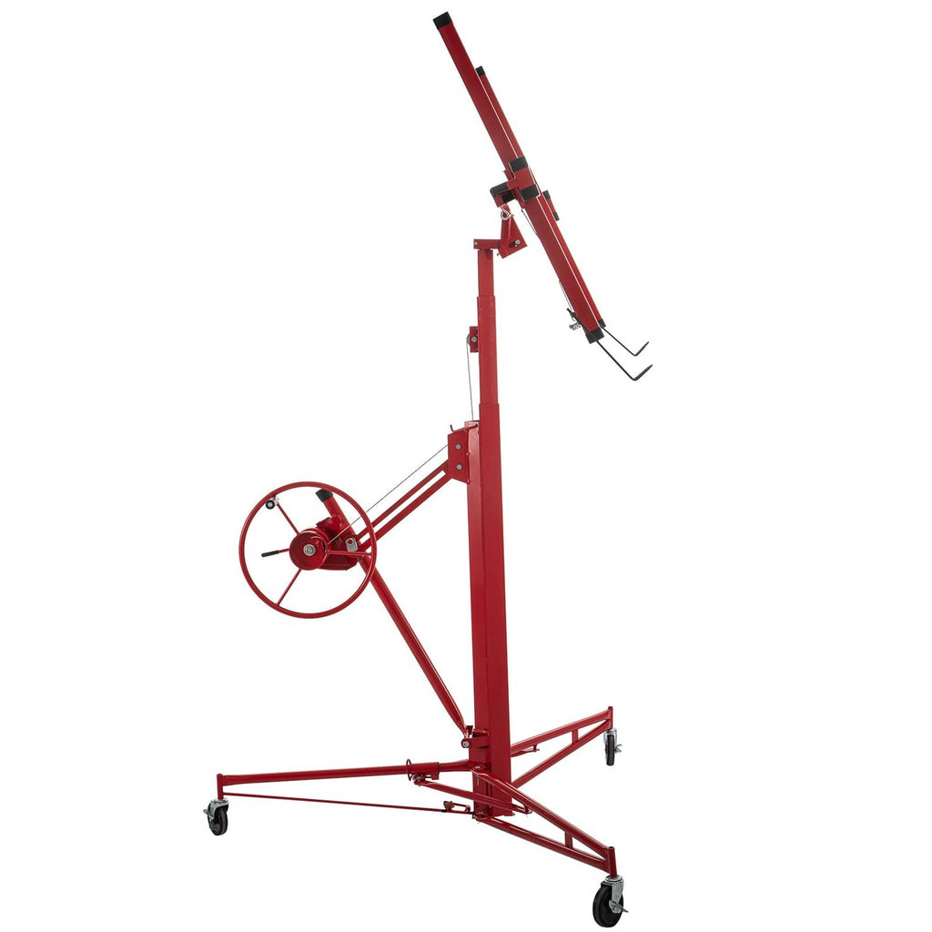 Red drywall panel lifter with winch wheel, tall support frame, and rolling casters