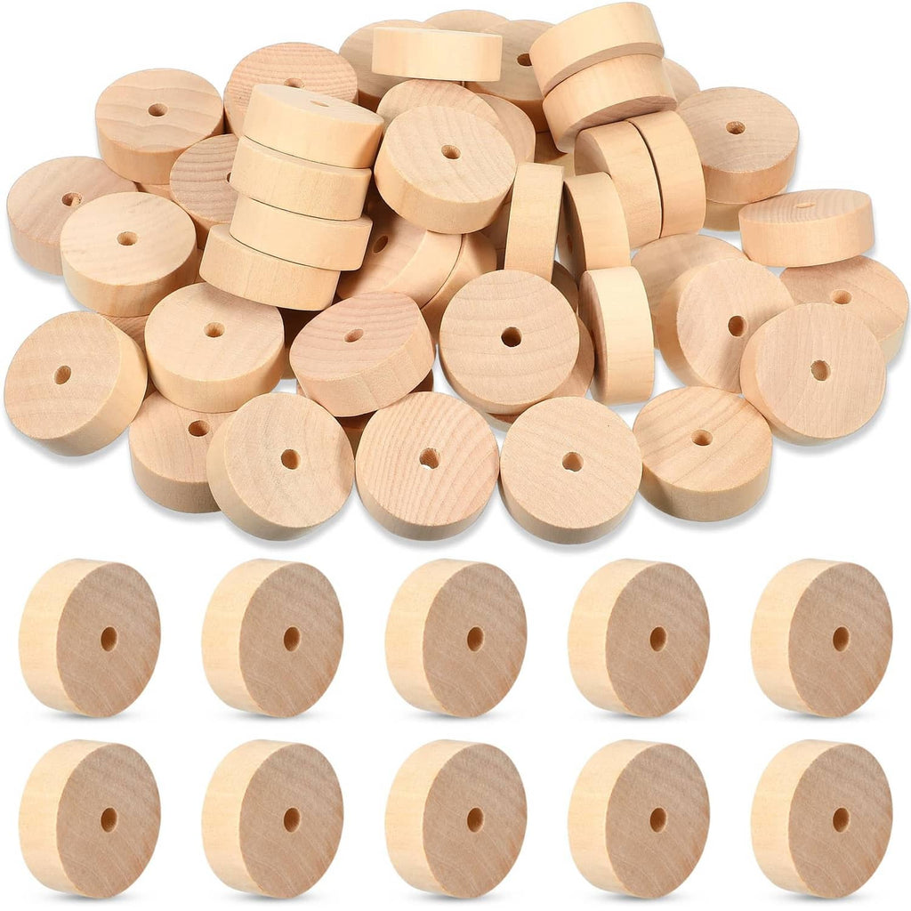 Bulk set of round light wood craft wheels with center holes, assorted sizes of the same design