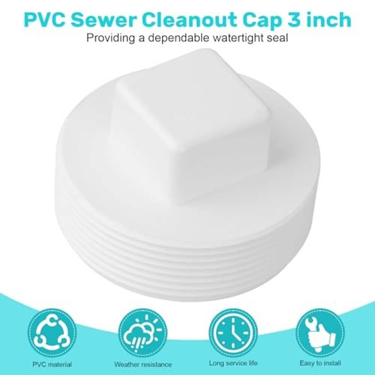 White PVC sewer cleanout cap plug, square top over ridged threaded base