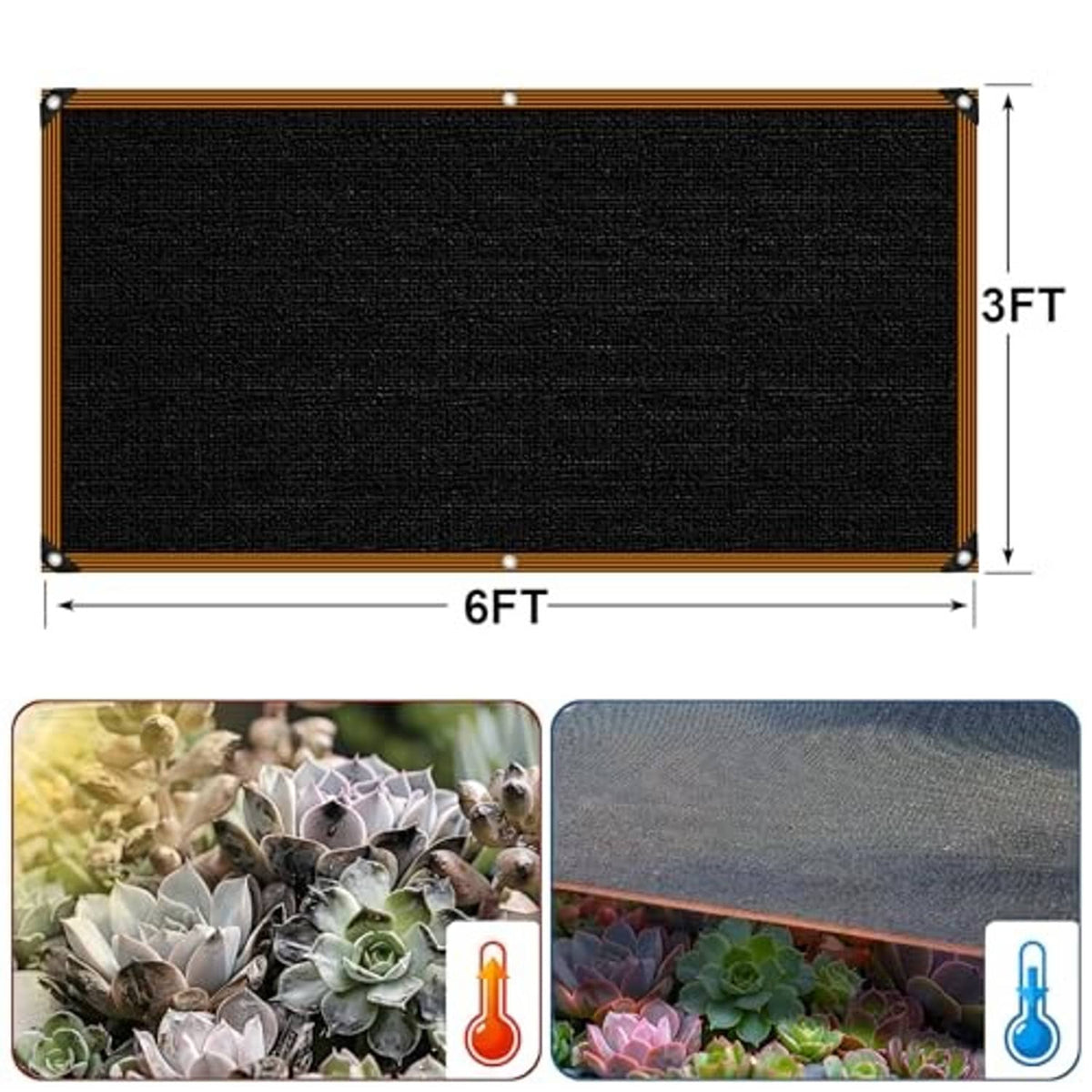 Rectangular black mesh shade cloth tarp, 6 x 3 ft, with grommet corner loops
