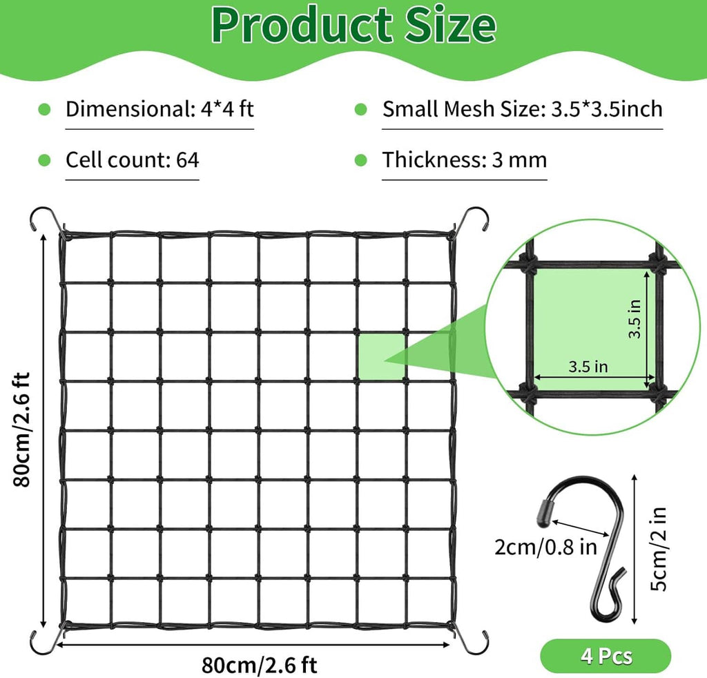 Black 4x4 grow trellis netting with square grid and four corner hooks