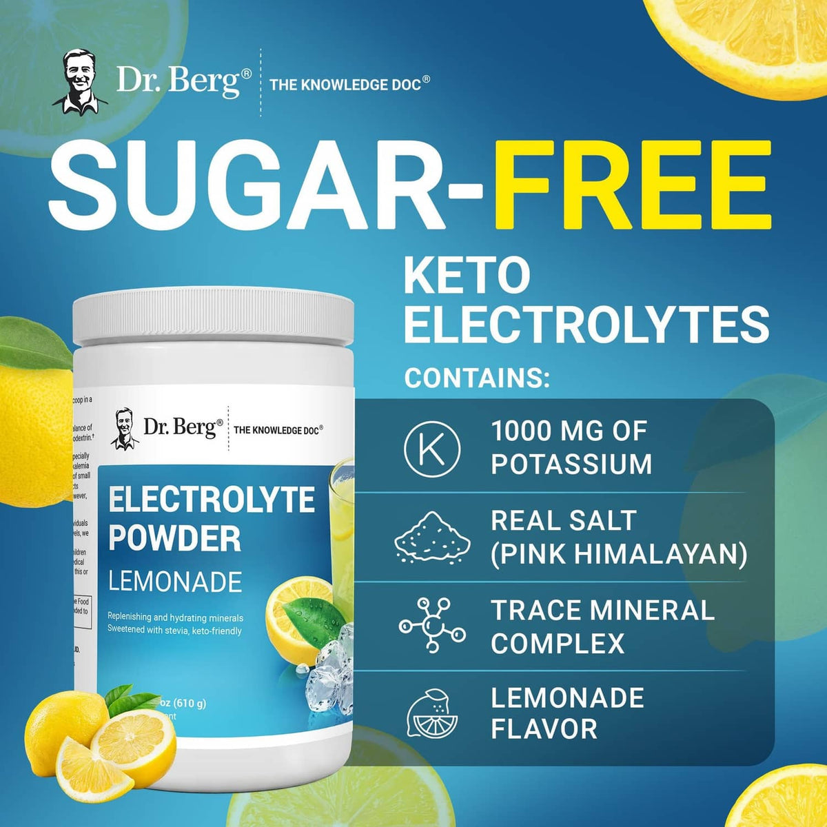Dr. Berg Electrolyte Powder Lemonade sugar-free keto electrolytes jar with potassium details