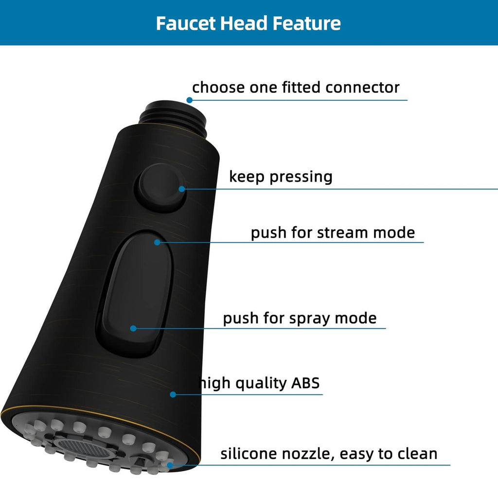 Faucet head with silicone nozzle face and two push-button controls, dark finish