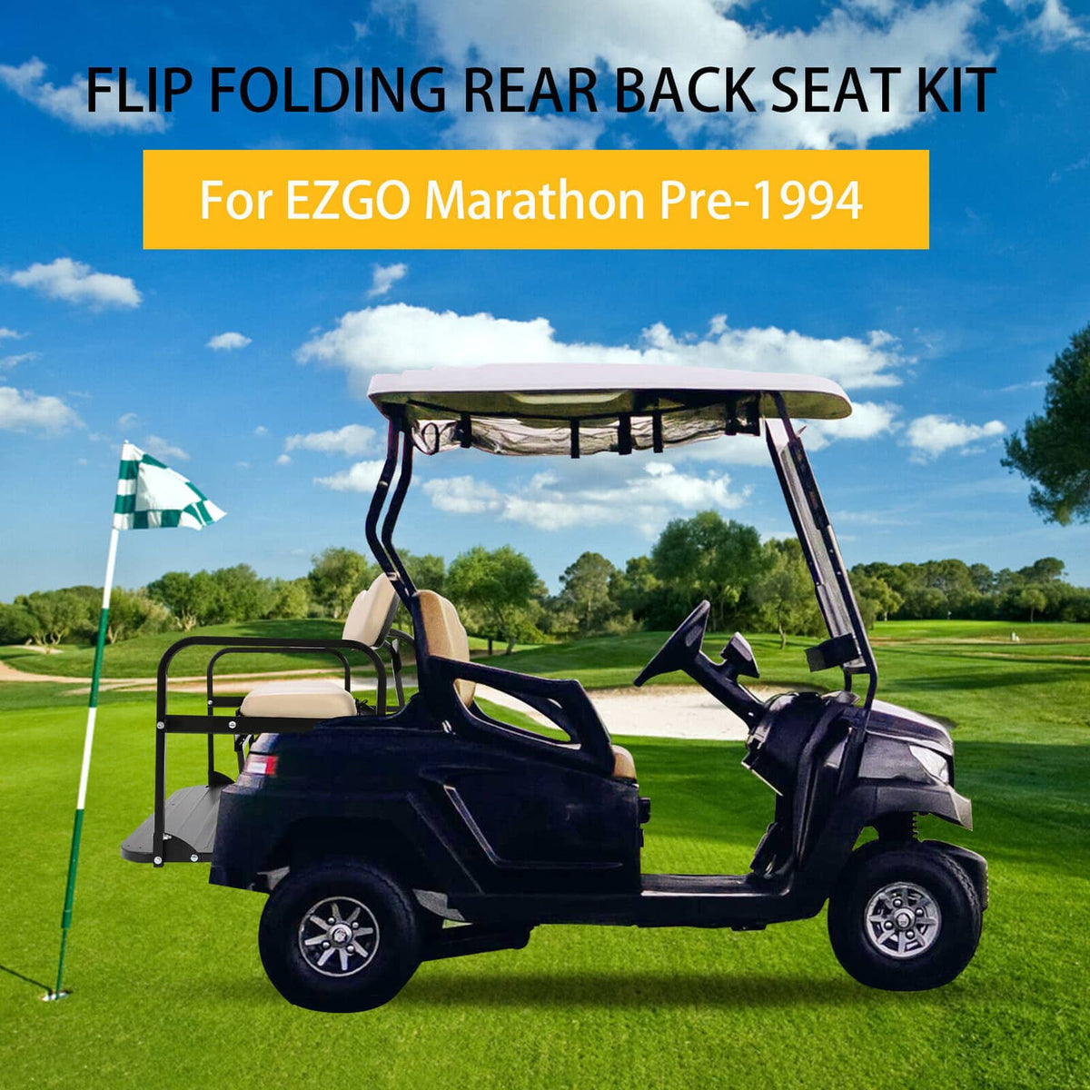 Tan flip-fold rear back seat kit mounted on golf cart with raised backrest