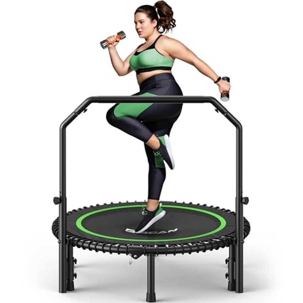 Adult using green mini trampoline with black frame and upper support bar