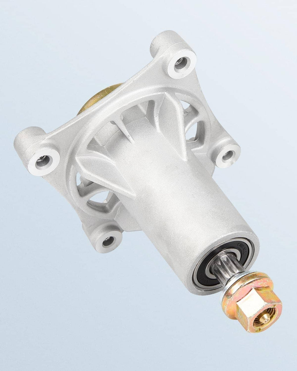Silver spindle housing with black bearing and gold mounting fastener at the end.