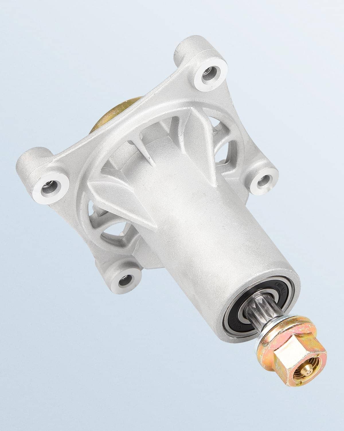 Silver spindle housing with black bearing and gold mounting fastener at the end.