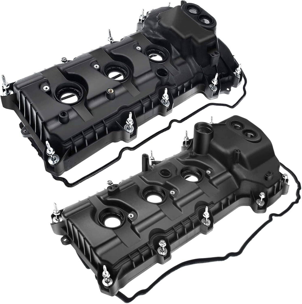Two black valve covers with raised circular ports and bolt holes along the perimeter