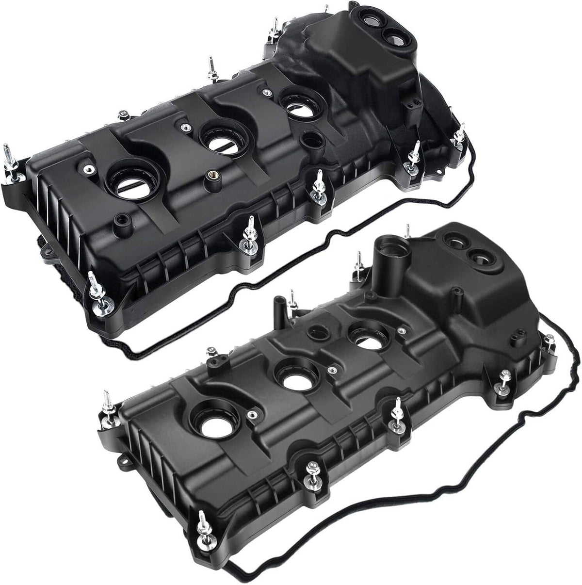 Two black valve covers with raised circular ports and bolt holes along the perimeter