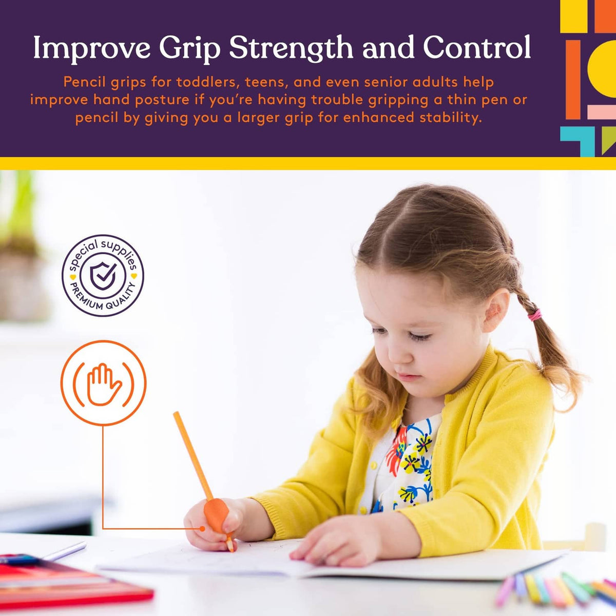 Child writing with an orange egg-shaped foam pencil grip on a pencil