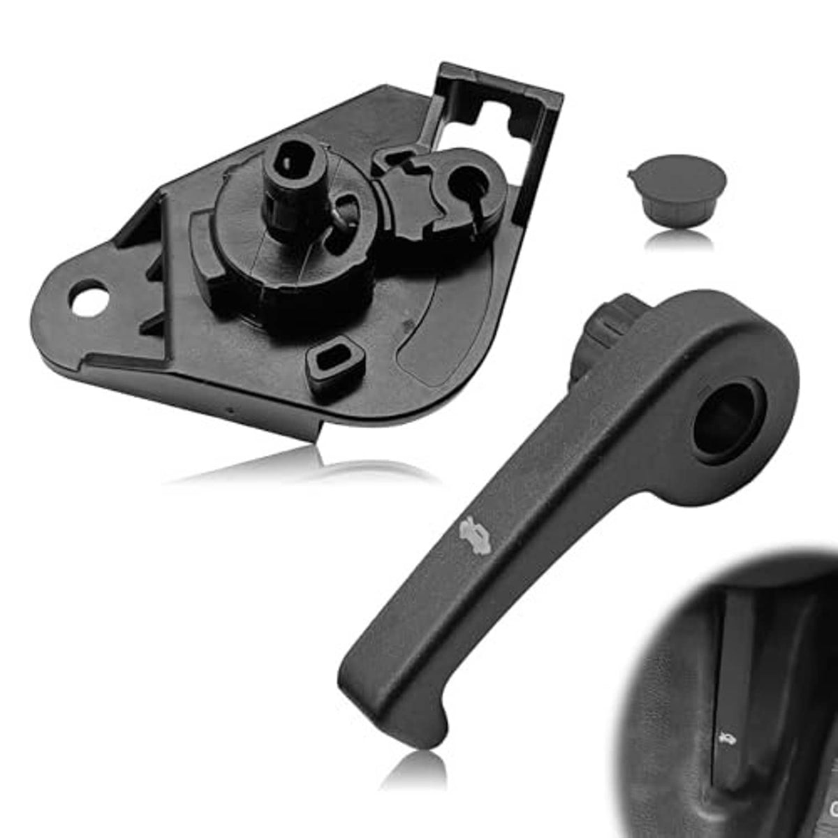 Black hood latch release handle with mounting bracket base and release pin insert