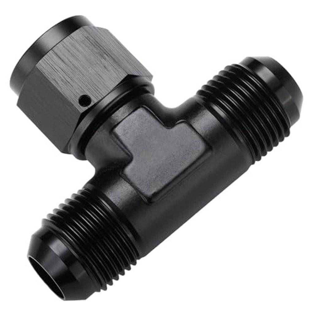 Black AN flare tee fitting adapter with machined body and side swivel threaded ports