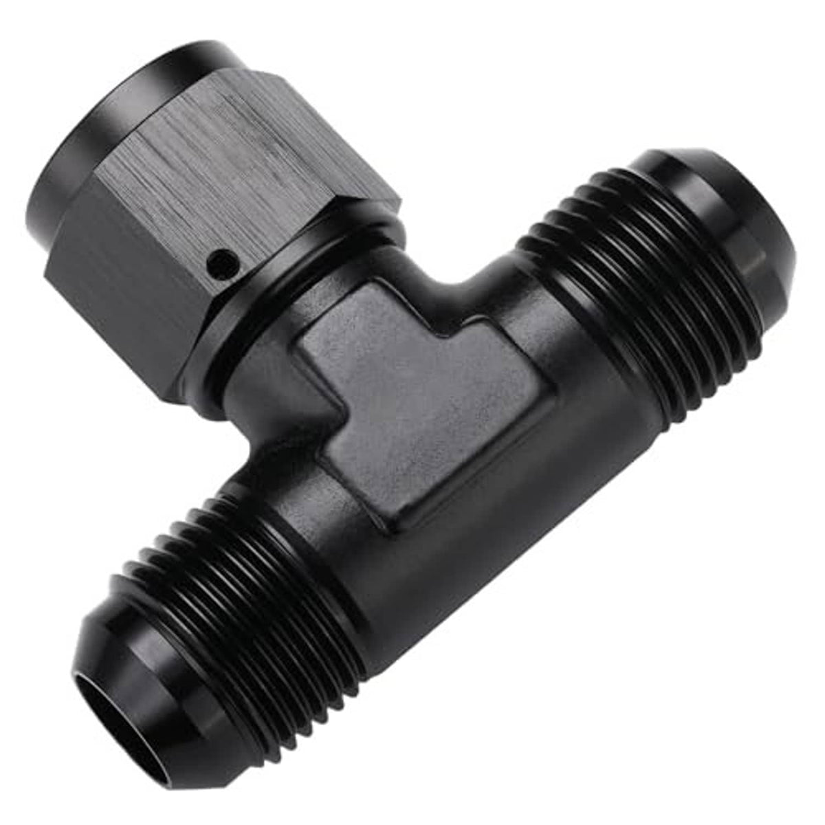 Black AN flare tee fitting adapter with machined body and side swivel threaded ports
