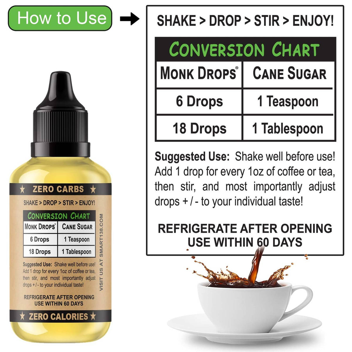 Liquid monkfruit sweetener bottle with how-to-use and conversion chart; black dropper cap