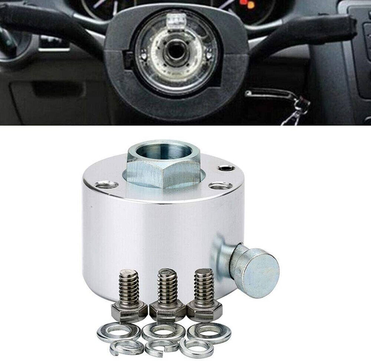 Quick-release steering hub installed on a steering column with center opening