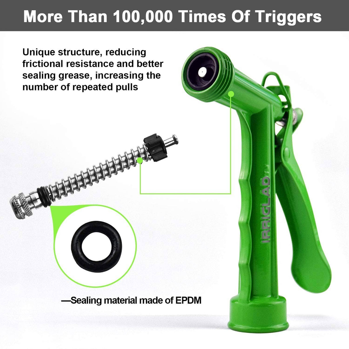Green pistol-grip hose nozzle with coiled spring and black inlet seal
