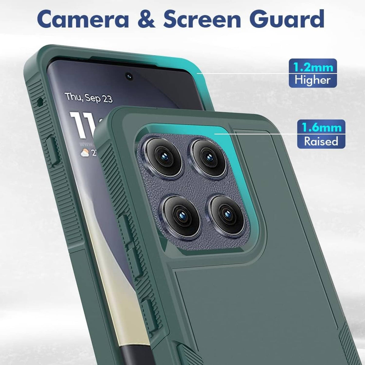 Matte green phone case with raised camera protection and screen guard lip