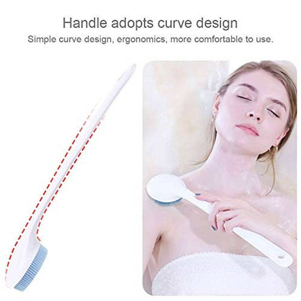Curved long-handled silicone body scrubber with blue bristle head and white grip.