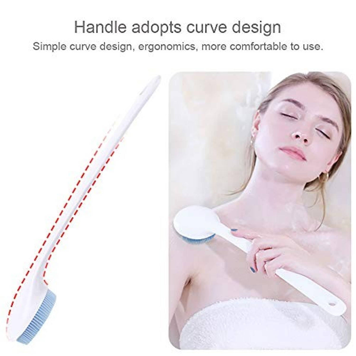 Curved long-handled silicone body scrubber with blue bristle head and white grip.