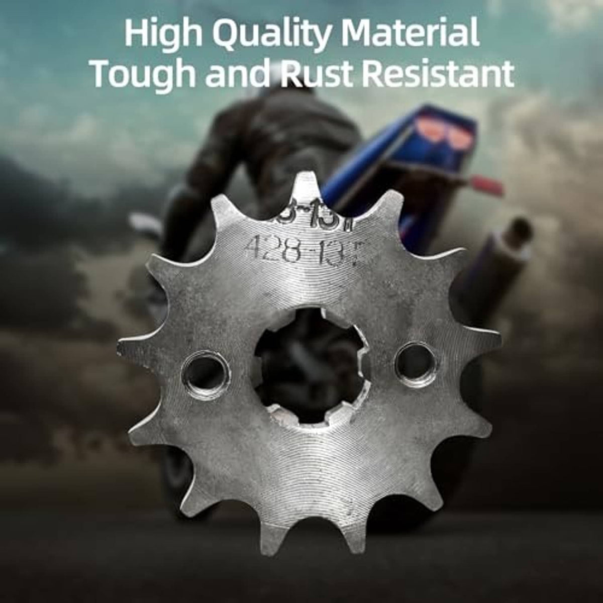 Front engine sprocket gear: gray toothed steel sprocket with center hole and bolt holes