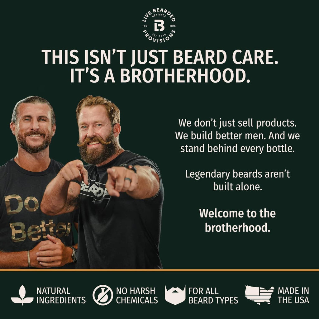 Live Bearded beard care banner with 'brotherhood' text and Natural ingredients icons