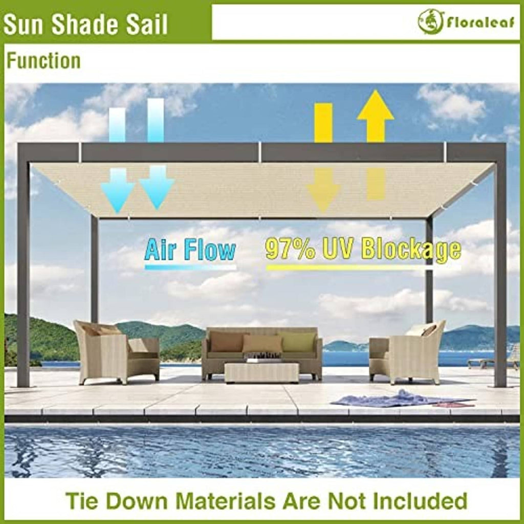 Beige shade sail canopy over patio frame with airflow and sun protection arrows