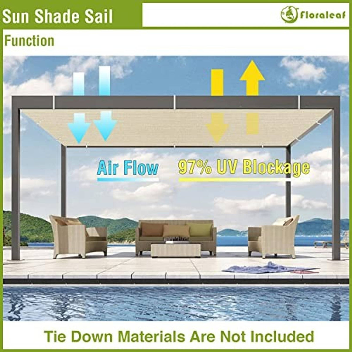 Beige shade sail canopy over patio frame with airflow and sun protection arrows