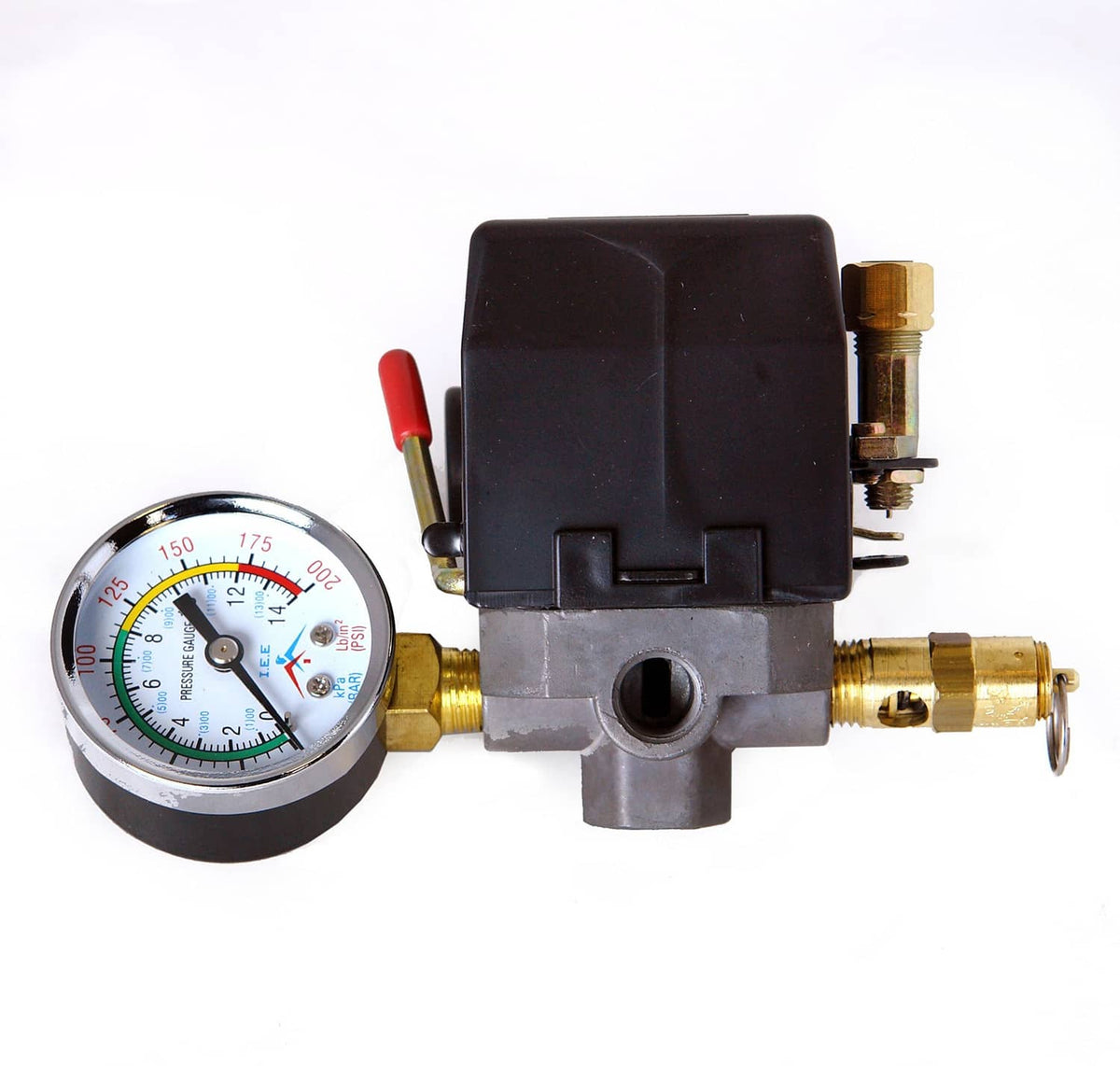 Black pressure switch with 0–200 PSI gauge, brass ports, and red lever